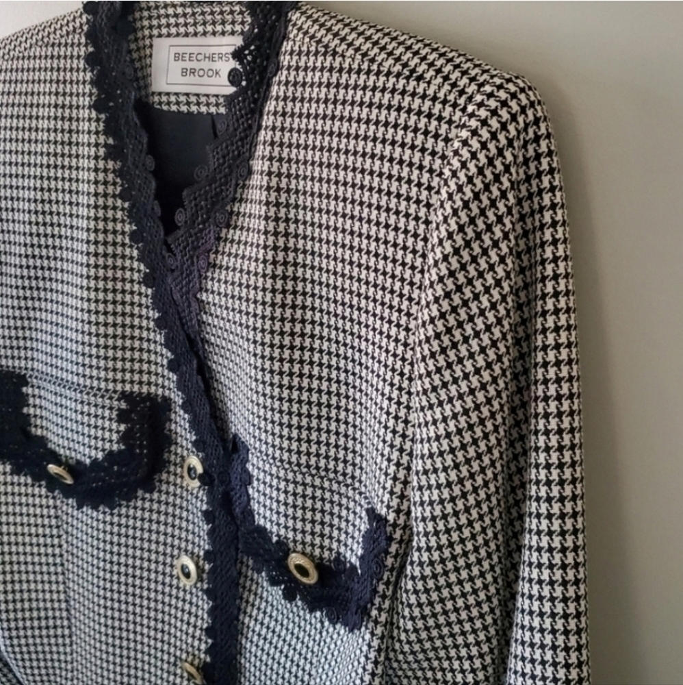 Beechers Brook M Vintage Old Money Timeless Classic Houndstooth Lace Crop Blazer - Picture 6 of 11